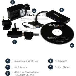 StarTech.com USB/Ethernet-Hub - USB 3.0 Typ A - Extern - Schwarz - 3 Total USB Port(s) - 3 USB 3.0 Port(s)1 Netzwerk (RJ-4