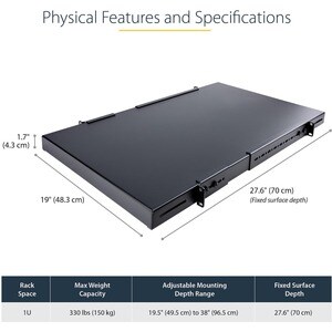 StarTech.com 1U Rackmount Rack-Regal - 482,60 mm Rack Width - Schwarz - TAA-konform - SPCC - 79,83 kg Static/Stationary We