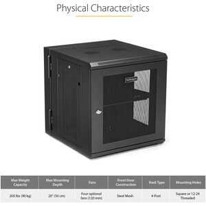 StarTech.com 4-Post 12U Wall Mount Network Cabinet, 19" Hinged Wall-Mounted Server Rack for IT Equipment, Flexible Lockabl