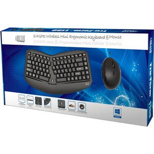 Adesso Tru-Form Wireless Ergo Mini Keyboard & Mouse - USB Membrane Wireless RF Keyboard - 87 Key - English (US) - Black - 