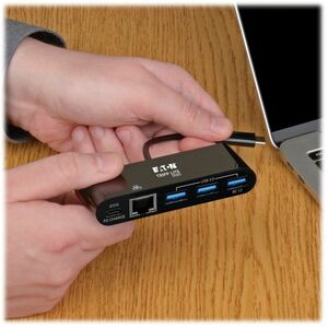 Eaton Tripp Lite Series 3-Port USB-C Hub - USB 3.x (5Gpbs) Hub Ports, Gigabit Ethernet, 60W PD Charging, Black - USB Type 