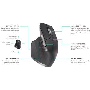 Logitech MX Master 3 Mouse - Bluetooth/Radio Frequency - USB - Darkfield - 7 Button(s) - Graphite - Wireless - 2.40 GHz - 