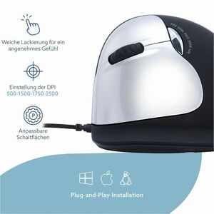 R-Go HE Mouse - USB 2.0 - 5 Button(s) - Black - Cable - 2500 dpi - Scroll Wheel - Large Hand/Palm Size - Left-handed
