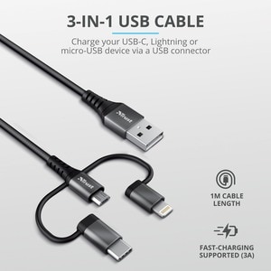 Trust Keyla 1 m Lightning/Micro-USB/USB/USB-C Data Transfer Cable for Computer, Phone, Digital Text Reader, Notebook, iPad