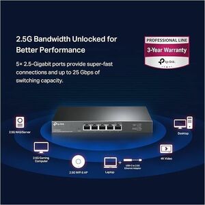 TP-Link TL-SG105-M2 5 Ports Ethernet Switch - 2.5 Gigabit Ethernet - 2.5GBase-T - 2 Layer Supported - 12.11 W Power Consum