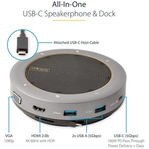 StarTech.com USB-C Speakerphone Docking Station, Mini Portable Conference Speaker/Audio Dock, VGA/4K HDMI, USB Hub, Teams/