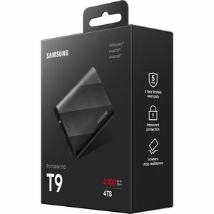  SSD Externe T9 Samsung 4To Noir MU-PG4T0B/EU, vitesse de lecture jusqu'à 2000 Mo/s, résiste aux chutes jusqu'à 3m
