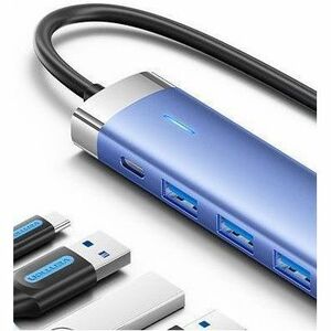 Vention USB/Ethernet Combo Hub - USB Type C - 640 MB/s - Tablet, Notebook, Keyboard, Mouse, Flash Drive, Printer - Blue - 