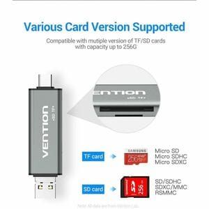 Vention CCJH0 2 Slot(s) Flash Drive/Flash Card Reader - USB 2.0, Micro USB, USB Type C - 1 / Pack - 256 GB Flash Drive - 6