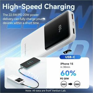 Vention FHO Power Bank - White - For Smartphone, iPhone - 10000 mAh - 22.50 W - 3 A, 2.22 A, 1.67 A, 2 A, 2.25 A, 1.50 A, 