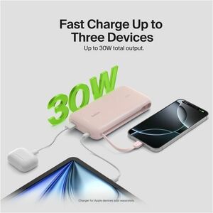 Belkin BoostCharge Power Bank - Pink - For Smartphone, iPhone, iPad mini, iPad Pro - 2 x Type-C 30W, 1 x Type-A 30W - 2000