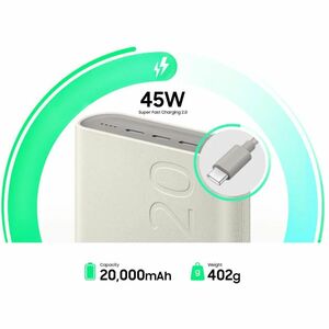 Cargador portátil Samsung - Beige - Para Smartphone, Tablet PC - 20000mAh - 45W - 2.25A - 20 V DC, 3,3 V DC Salida - 9 V E