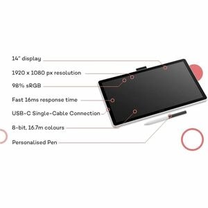 Wacom One 14 - Graphics Tablet - 14" - 2540 lpi - Full HD Cable - 16.7 Million Colors - 4096 Pressure Level - Pen - 1 - PC