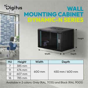 Digitus Dynamic-N 7U Wandmontierbar Geschlossener Schrank Rackschrank für Networking, Server - Schwarz - Stahl, Glas, Blec