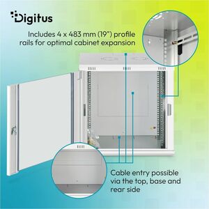 Digitus Dynamic-N 12U Wall Mountable Enclosed Cabinet Rack Cabinet for Networking, Server - Light Grey - Steel, Glass, She