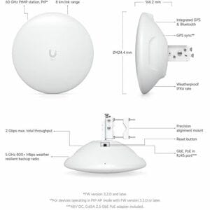 Ubiquiti Single Band Wi-Fi 6 IEEE 802.11ax 2 Gbit/s Wireless Bridge - 5 GHz - 1 x Network (RJ-45) - Gigabit Ethernet - 20 