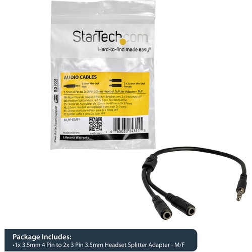 StarTech.com Adaptador de Diadema Mini-Jack 3.5mm 4 pines a Conectores Separados de Audífonos y de Micrófono - M a 2xH - C