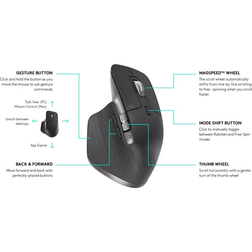 Logitech MX Master 3 Mouse - Bluetooth/Radio Frequency - USB - Darkfield - 7 Button(s) - Graphite - Wireless - 2.40 GHz - 