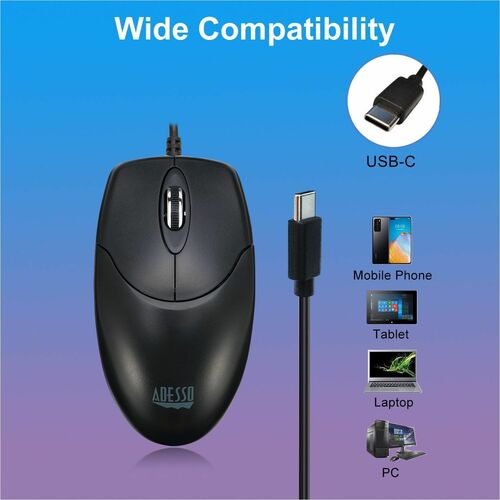 Adesso iMouse M6-TAA Full-size Mouse - USB Type C - Optical - 3 Button(s) - Black - TAA Compliant - Cable - 1000 dpi - Scr