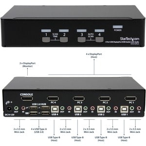 StarTech.com 4 Port USB DisplayPort KVM Switch with Audio - 4 Computer(s) - 1 Local User(s) - WQXGA - 3840 x 2400 - 8 x US