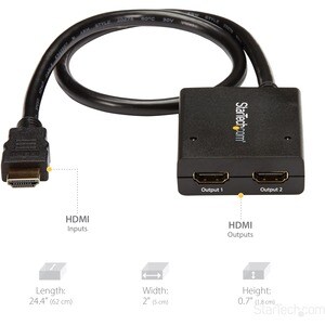 StarTech.com 4K HDMI Splitter 1 In 2 Out - 4K 30Hz HDMI 1.4 2 Port Video Splitter Box -with high speed HDMI cable, USB pow