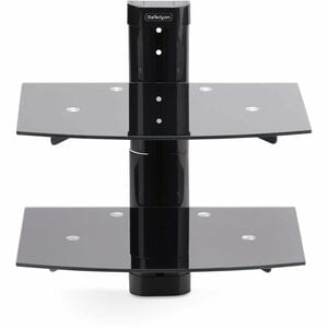 StarTech.com Dual Floating Wall-Mounted AV Shelves, Adjustable Height Shelf For Under TV A/V Equipment, Black Tempered Gla