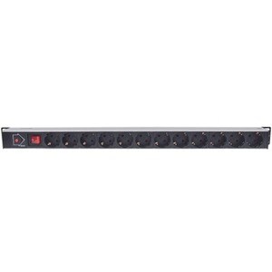 Vertical Rackmount 12-Way Power Strip - German Type, With On/Off Switch and Overload Protection, 1.6m Power Cord (2 PIN EU