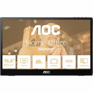 AOC 16T3EA 16" Class Full HD Monitor LED - 16:9 - Preto, Cinzento - 39,6 cm (15,6") Viewable - Tecnologia IPS (In-plane sw