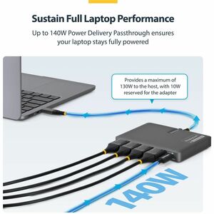 StarTech.com USB-C zu Quad-Monitor Workstation Adapter, 4K 60Hz DisplayPort, 140W PD Passthrough zum Laden von Laptops, 1x
