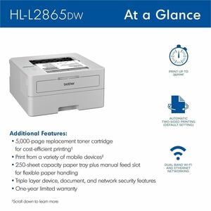 Brother HL-L2865DW Wireless Laser Printer - Monochrome - 1200 x 1200 dpi Print - Automatic Duplex Print - 251 Sheets Input