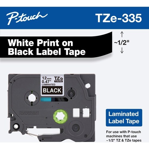 P-touch TZE335 Label Tape - 11.94 mm Width - Rectangle - Black - Grease Resistant, Grime Resistant - 1 Each