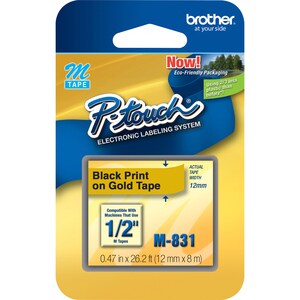 P-touch P-touch Nonlaminated M Series Tape Cartridge - 1/2" Width - Rectangle - Gold, Black - 1 Each