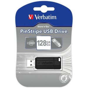 Verbatim PinStripe 128 GB USB 2.0 Flash Drive - Black - 10 MB/s Read Speed - 4 MB/s Write Speed - 2 Year Warranty