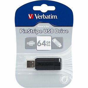 Verbatim PinStripe 64 GB USB 2.0 Type A Flash Drive - Black - 10 MB/s Read Speed - 4 MB/s Write Speed - 2 Year Warranty - 