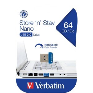 Verbatim 64GB Store 'n' Stay Nano USB 3.0 Flash Drive - Blue - 64 GB - Blue - 1 Pack