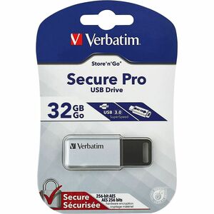 Verbatim Store 'n' Go Secure Pro 32 GB USB 3.0 Flash Drive - Silver - 256-bit AES - TAA Compliant - 1 Each