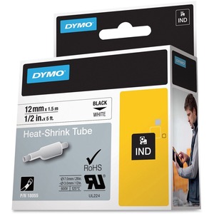 Dymo White Heat Shrink Tube - 15/32" (12 mm) Width x 59 1/16" (1500 mm) Length - Rectangle - Thermal Transfer - Black on W