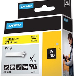 Ruban d'étiquettes Dymo RhinoPRO 18433 - 19 mm Largeur - Rectangle - Noir, Jaune - Vinyle - Résistant à l'abrasion, Thermo