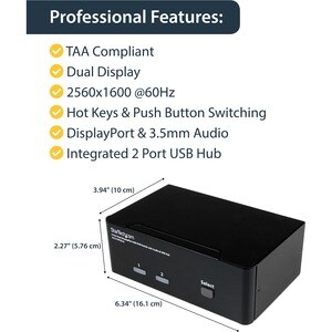 StarTech.com 2 Port Dual DisplayPort USB KVM Switch with Audio - 2 Computer(s) - 1 Local User(s) - WQUXGA - 3840 x 2400 - 