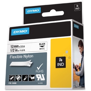 Dymo RhinoPRO 18488 Wire & Cable Label - 12 mm Width - Thermal Transfer - White, Black - Nylon - Temperature Resistant, Fl
