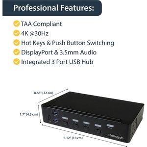 StarTech.com 4 Port DisplayPort KVM Switch - DP KVM Umschalter mit USB 3.0 Hub - 4K 30Hz - 4 Computer - 1 Lokaler Benutzer