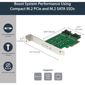 StarTech.com Tarjeta Adaptadora de 3 Puertos M.2 NGFF para SSD - Soporta 1x SSD M.2 PCIe NVMe - 2x SSD M.2 SATA III - Adap