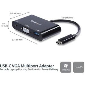 StarTech.com USB-C VGA Multiport Adapter - USB-A Port - with Power Delivery (USB PD) - USB C Adapter Converter - USB C Don