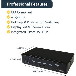 StarTech.com KVM-Switchbox - TAA-konform - 4 Computer - 1 Lokaler Benutzer(n) - 3840 x 2160 - 11 x USB - 5 x DisplayPort -