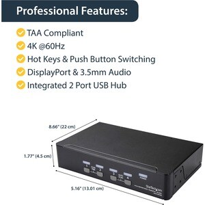 StarTech.com 4 Port DisplayPort KVM Switch - 4K 60Hz - Single Display - UHD DP 1.2 USB KVM Switch with USB 2.0 Hub & Audio