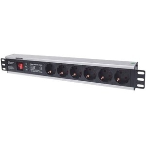 19" 1.5U Rackmount 6-Way Power Strip - German Type" , With On/Off Switch and Surge Protection, 3m Power Cord (2 PIN EURO P