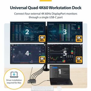 StarTech.com USB-C zu Quad-Monitor Workstation Adapter, 4K 60Hz DisplayPort, 140W PD Passthrough zum Laden von Laptops, 1x
