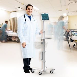 Compulocks Universal Tablet Cling Medical Rolling Kiosk White - Compatible With Tablets 7" - 13" , Rotates Between Orienta