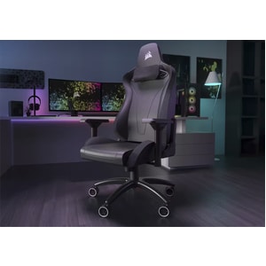 Corsair TC200 Gaming Chair - Plush Leatherette - Black/Black - For Gaming - Leatherette, Steel, Foam, Memory Foam - Black