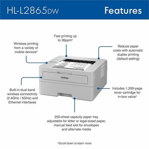 Brother HL-L2865DW Wireless Laser Printer - Monochrome - 1200 x 1200 dpi Print - Automatic Duplex Print - 251 Sheets Input